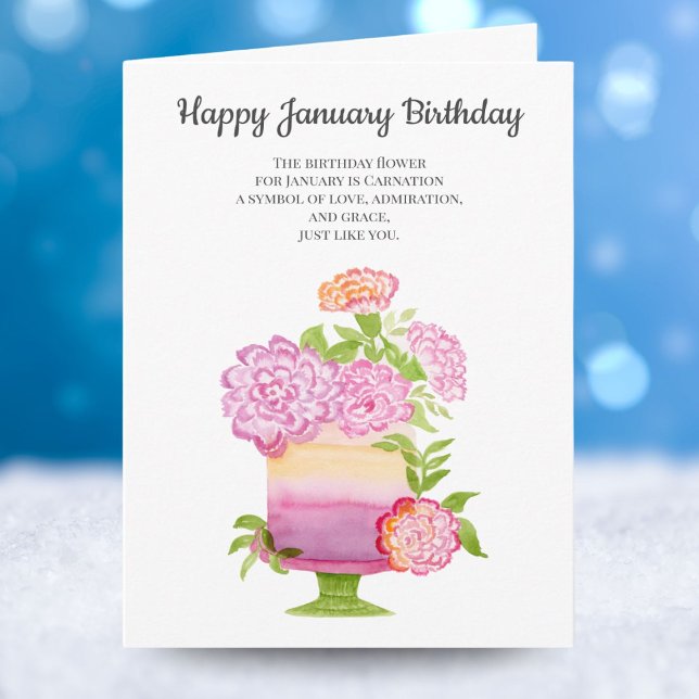 Tarjeta Carnación de enero Flores de cumpleaños en pastel (Subido por el creador)