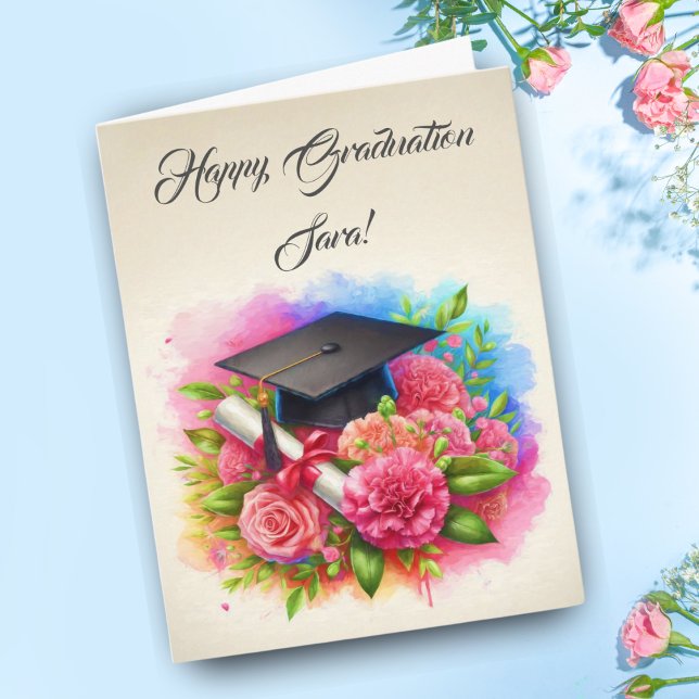Tarjeta Carnaciones acuarelas y Rosas con tapón de graduac (Time to celebrate with this beautiful graduation card!)