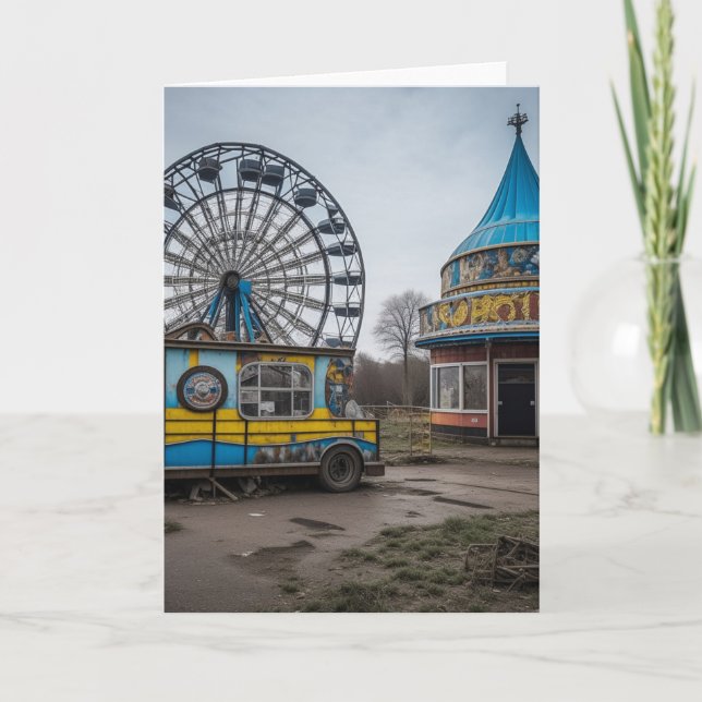 Tarjeta Carnaval Abandonado Rueda de Ferris Vacía y Carpa (Anverso)