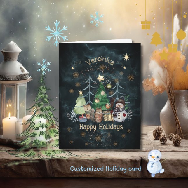 Tarjeta Carné azul Verde azulado para los animales de Wood (Woodland Animals Snowman Christmas Teal blue Card)