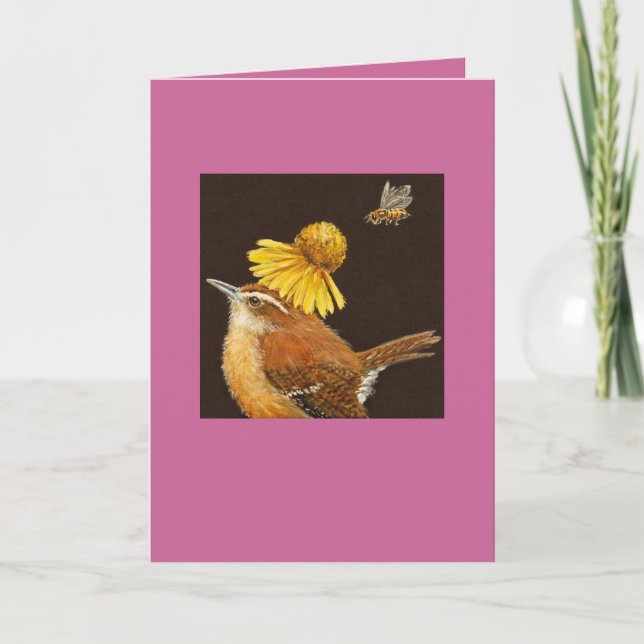 Tarjeta Carolina wren card con abeja y flor (Anverso)