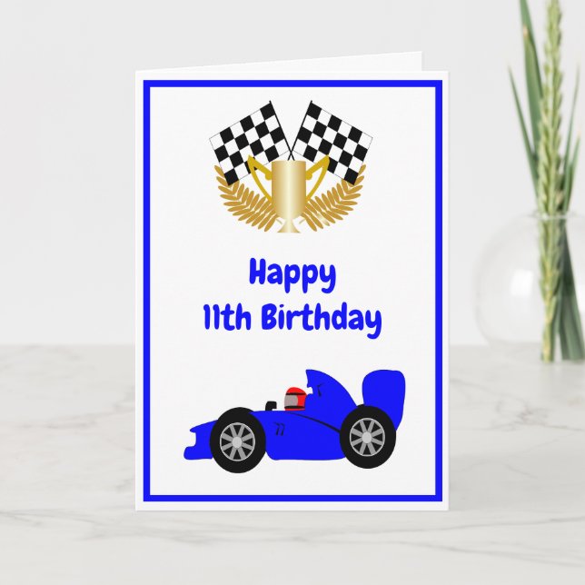 Tarjeta Carreras Azul auto personalizado 11º cumpleaños (Anverso)