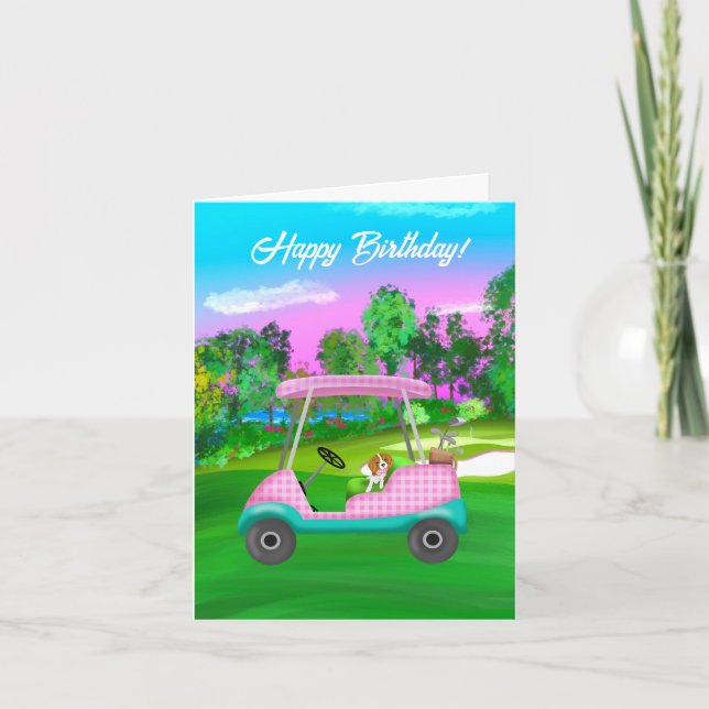 Tarjeta Carrito de Golf con adorable Cavalier King Charles (Anverso)