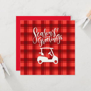 Tarjeta Carrito de golf con saludo de temporada sobre rojo