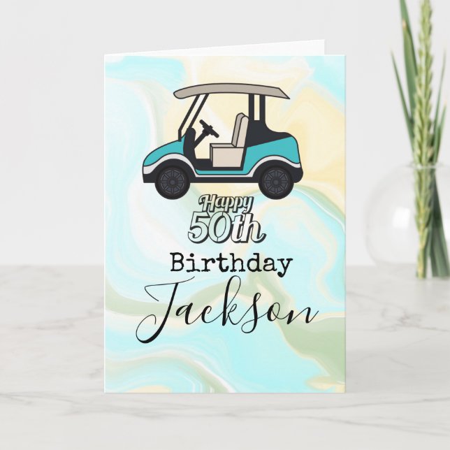 Tarjeta Carro de golf Feliz 50 cumpleaños con mármol azul (Anverso)