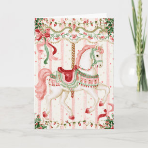 Tarjeta Carrusel de Navidad de Caballo Verde Rosa