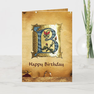 Tarjeta CARTA B DE ORO AZUL CON FLORES MONOGRAMA Cumpleaño