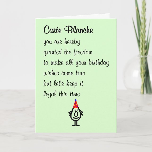 Tarjeta Carte Blanche, un divertido poema de cumpleaños fe (Anverso)