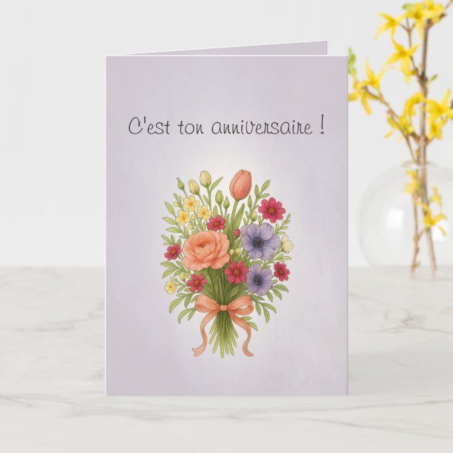 Tarjeta Carte voeux pliée, couleur lilas et rêves (flor amarilla)