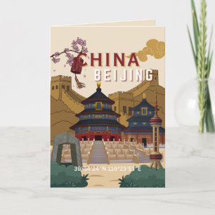Tarjeta Cartel de viaje a Pekín, China Ilustración vinta