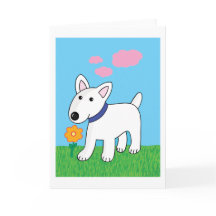 Cartoon Bull Terrier Dog w Flower Greeting Card