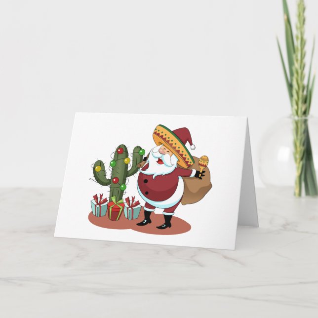 Tarjeta Cartoon cactus and Santa Claus wearing a sombrero (Anverso)