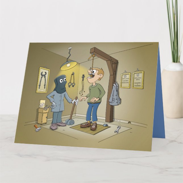 Tarjeta cartoon; een tand laten trekken bij de tandarts (Anverso)