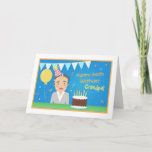 Tarjeta Cartoon Happy Grandpa Birthday Card<br><div class="desc">A colourful and cheerful greeting card to wish grandpa a happy birthday! It features grandpa in a white shirt and grey cardigan with a party hat. The party celebration includes a chocolate cake with lots of candles, a yellow balloon, a bunting banner with polka dots and confetti sprinkles. A birthday...</div>