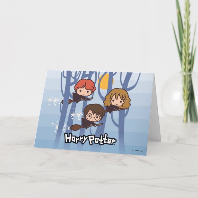 Tarjeta Cartoon Harry, Ron, & Hermione Flying In Woods (Anverso)