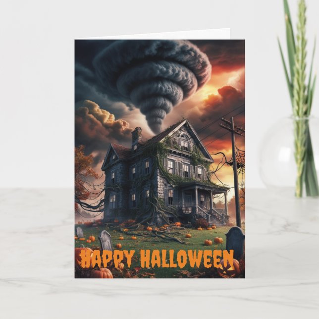Tarjeta casa antigua con temática de tornado en halloween (Anverso)