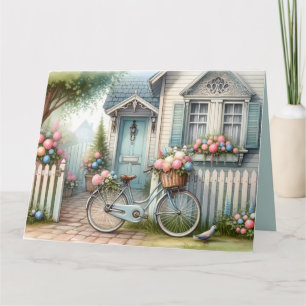 Tarjeta Casa de campo azul con bicicleta y cesta de flores