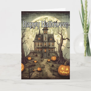 Tarjeta Casa de Halloween encantada con la vieja historia