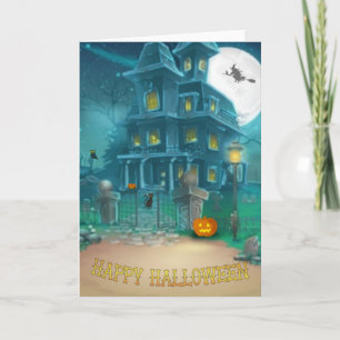Tarjeta Casa de Haunted Feliz Bruja de Halloween, calabaza