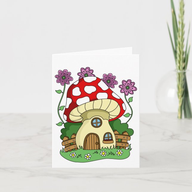 Tarjeta Casa de hongo linda y flores Uso genérico  (Anverso)