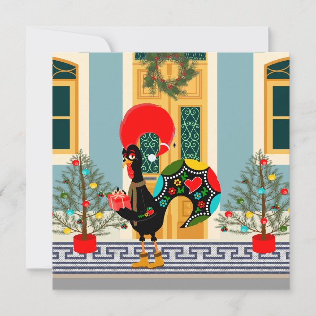 Tarjeta Casa de Navidades portugueses con saludos de gallo (Anverso)