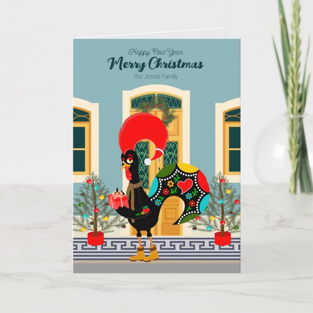 Tarjeta Casa de Navidades portugueses con saludos de gallo (Anverso)