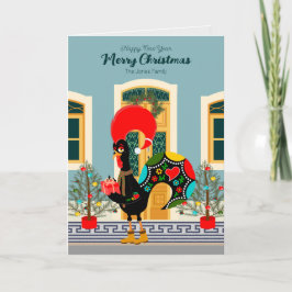 Tarjeta Casa de Navidades portugueses con saludos de gallo