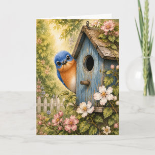 Tarjeta Casa de pájaro azul Peekaboo Acuarela en blanco