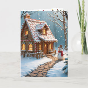 Tarjeta Casa de pan de jengibre con muñeco de nieve