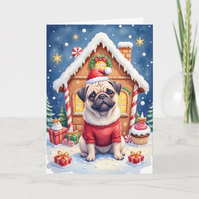 Tarjeta Casa de pan de jengibre Pug Navidad (Anverso)