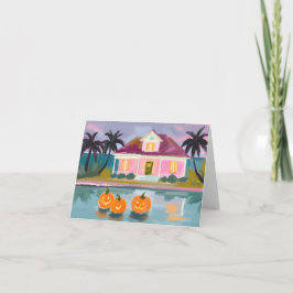 Tarjeta Casa de playa rosa en Halloween