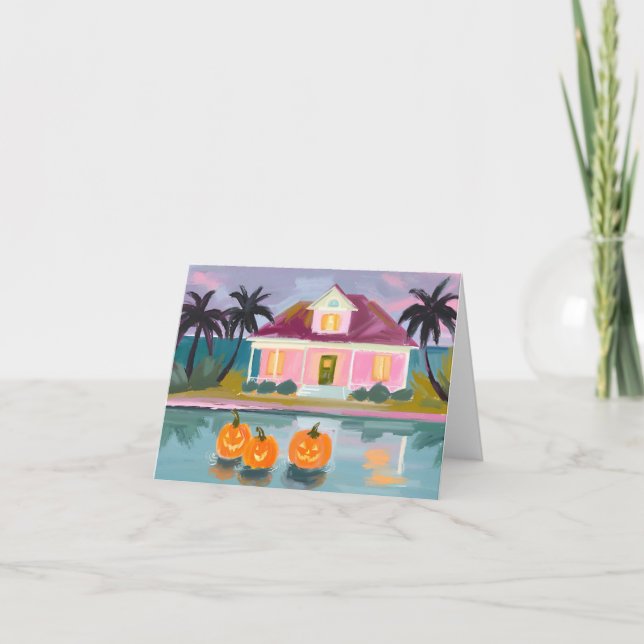 Tarjeta Casa de playa rosa en Halloween (Anverso)
