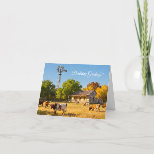 Tarjeta Casa de rancho de Texas y longhorns en cumpleaños 