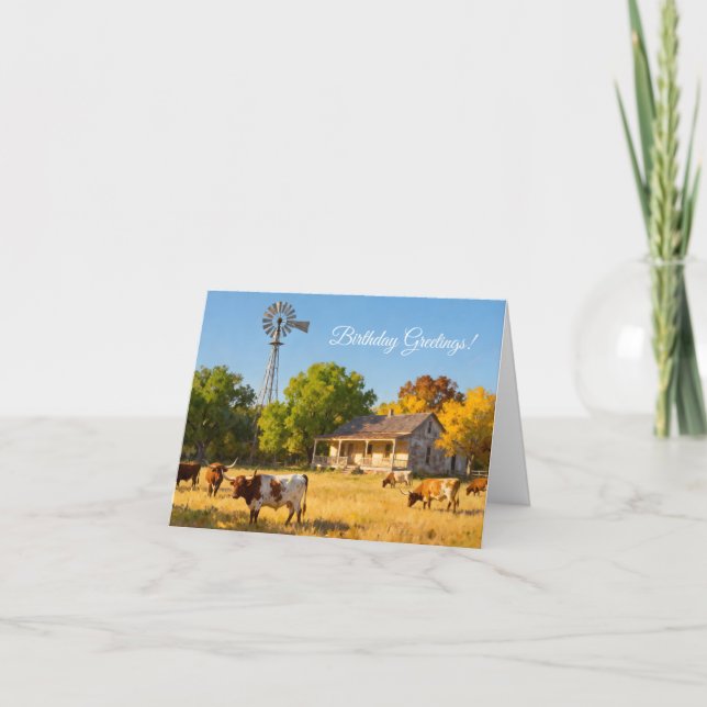 Tarjeta Casa de rancho de Texas y longhorns en cumpleaños  (Anverso)