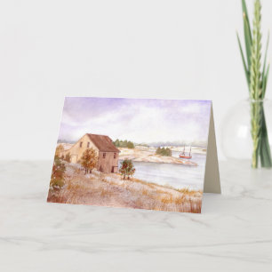 Tarjeta Casa del pescador Noruega Costa Pintura Acuarela