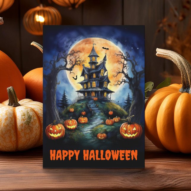 Tarjeta Casa embrujada de Halloween con calabazas dobladas (Subido por el creador)