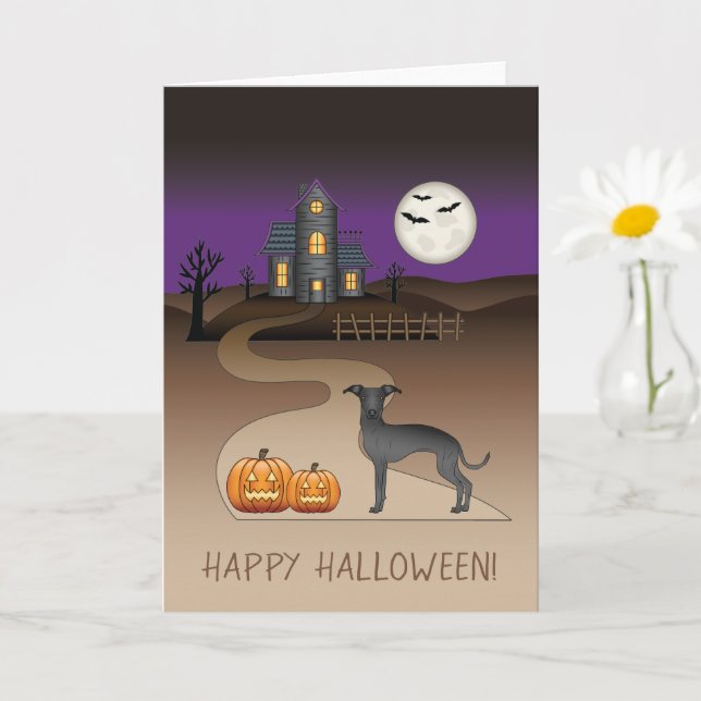 Tarjeta Casa embrujada de Halloween y perro lindo Black Ig (Planta pequeña)