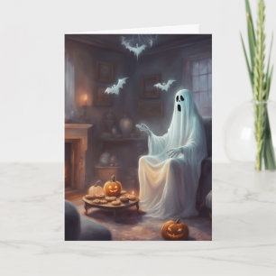 Tarjeta Casa embrujada del fantasma que espera Feliz Hallo