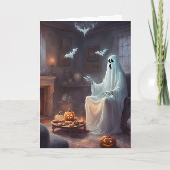 Tarjeta Casa embrujada del fantasma que espera Feliz Hallo (Anverso)