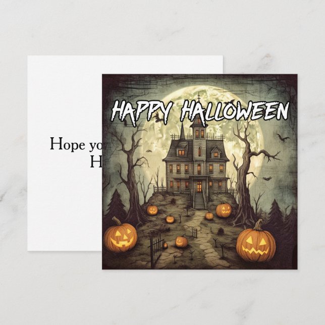 Tarjeta Casa embrujada | Feliz Halloween (Anverso / Reverso)