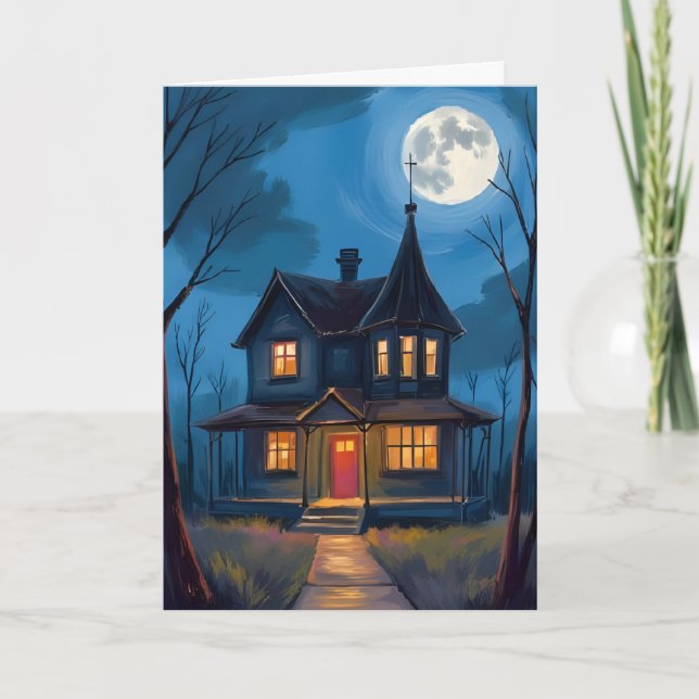 Tarjeta Casa Embrujada Halloween Pintada a Mano (Anverso)