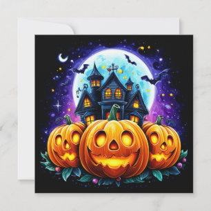 Tarjeta Casa Embrujada y Jack O Lanterns