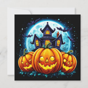Tarjeta Casa embrujada y Jack O Lanterns