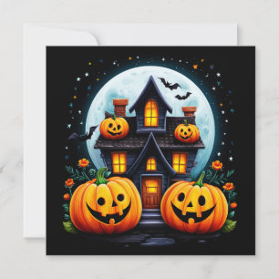 Tarjeta Casa Embrujada y Jack O Lanterns