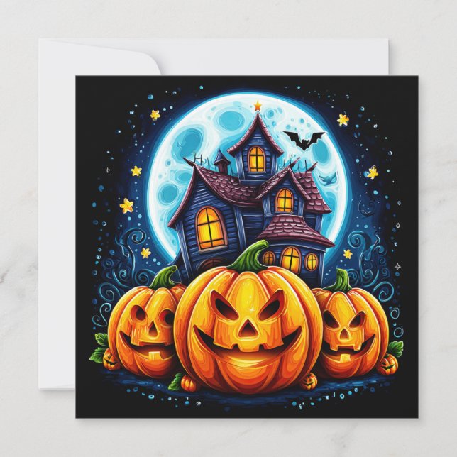 Tarjeta Casa Embrujada y Jack O Lanterns (Anverso)