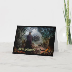 Tarjeta Casa encantada espeluznante y su dueño del