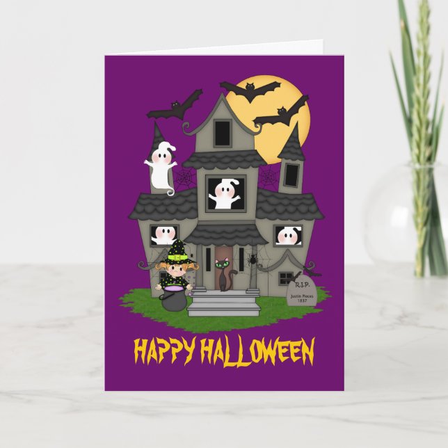 Tarjeta Casa encantada linda de Halloween y pequeña bruja (Anverso)