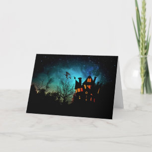 Tarjeta Casa encantada y bruja del feliz Halloween