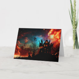 Tarjeta Casa encantada y bruja del feliz Halloween