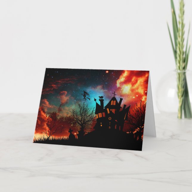 Tarjeta Casa encantada y bruja del feliz Halloween (Anverso)